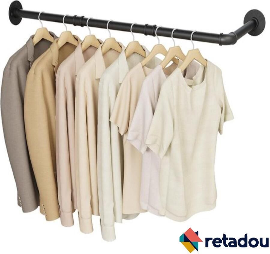 Industriële L-vorm Kledingstang Wandmontage Vintage Zwart B90 x D30 cm - Foto 2