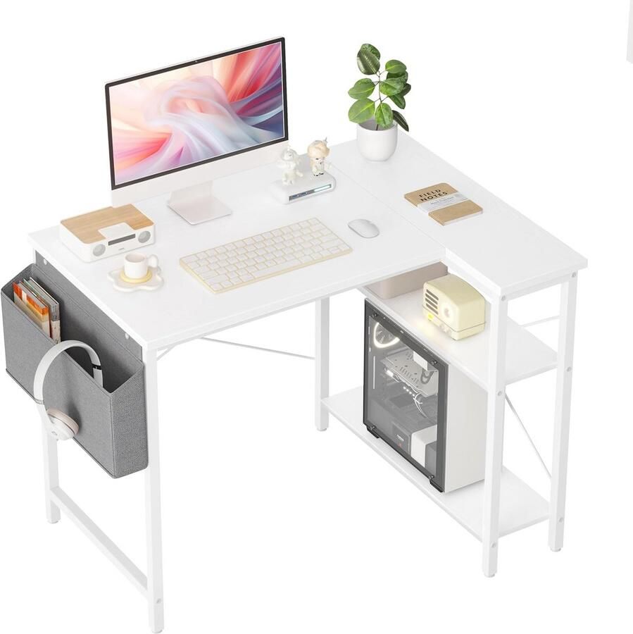 L-vormig bureau 100 x 70 cm – Gamingtafel met opbergvakken en omkeerbare pc-hoektafel voor studie en werk