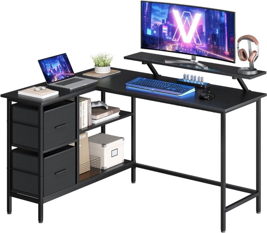 L-vormig bureau 2 ruime lades computerbureau met monitorstandaard hoekbureau gametafel met verstelbare plank 135 x 105 cm ebbenhoutzwart