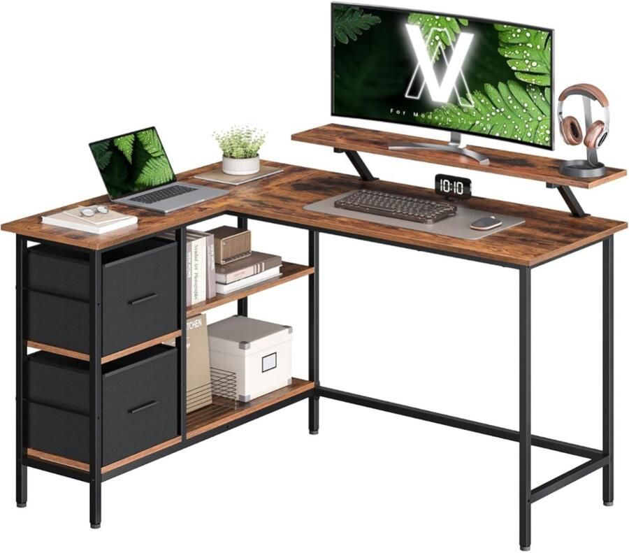 L-vormig bureau 2 ruime lades computerbureau met monitorstandaard hoekbureau gametafel met verstelbare plank 135 x 105 cm vintage bruin