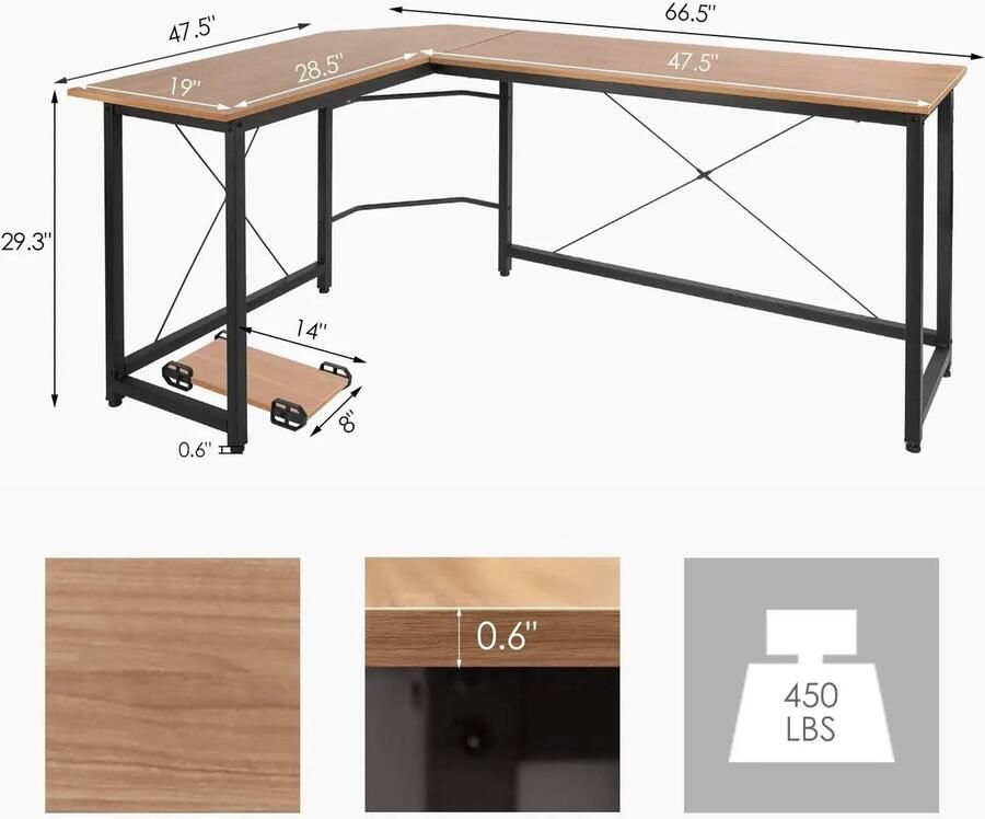 Corenia L-vormig Bureau Game Bureau Laptoptafel Desk Hoekbureau Geschikt voor Gaming Werk & Studie Houtkleur 190cm x 120cm x 75cm Gaming Bureau