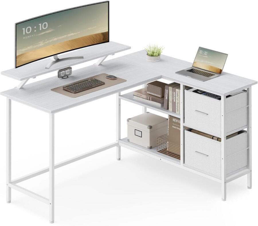 L-vormig bureau hoekbureau 2 ruime lades computerbureau met monitorstandaard met verstelbare plank voor thuiskantoor esdoornwit