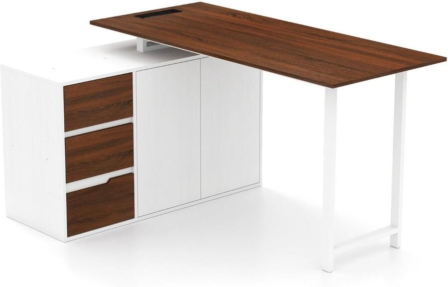 “L-vormig Bureau met Archiefkast en Stopcontact – Omkeerbare Hoektafel 3 Laden 138 cm Bruin”
