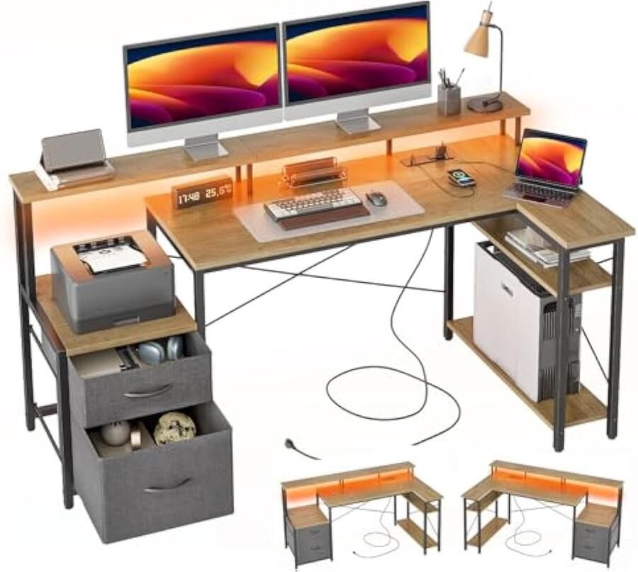 L-vormig bureau met led-stopcontacten 150 cm modern hoekbureau 2 laden omkeerbare planken grote monitorstandaard corner gamingtafel studie werk thuis slaapkamer