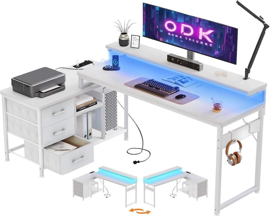 L-Vormig Bureau met LED Verlichting en USB-oplaadpoorten Hoekbureau met Opbergruimte en Monitorstandaard