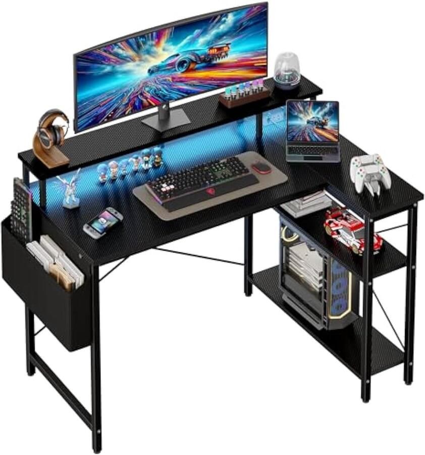 L-vormig bureau met ledverlichting en stopcontacten 100 cm gamingbureau met 2 planken computertafel met monitorstandaard pc-werkplek voor thuiskantoor carbon zwart
