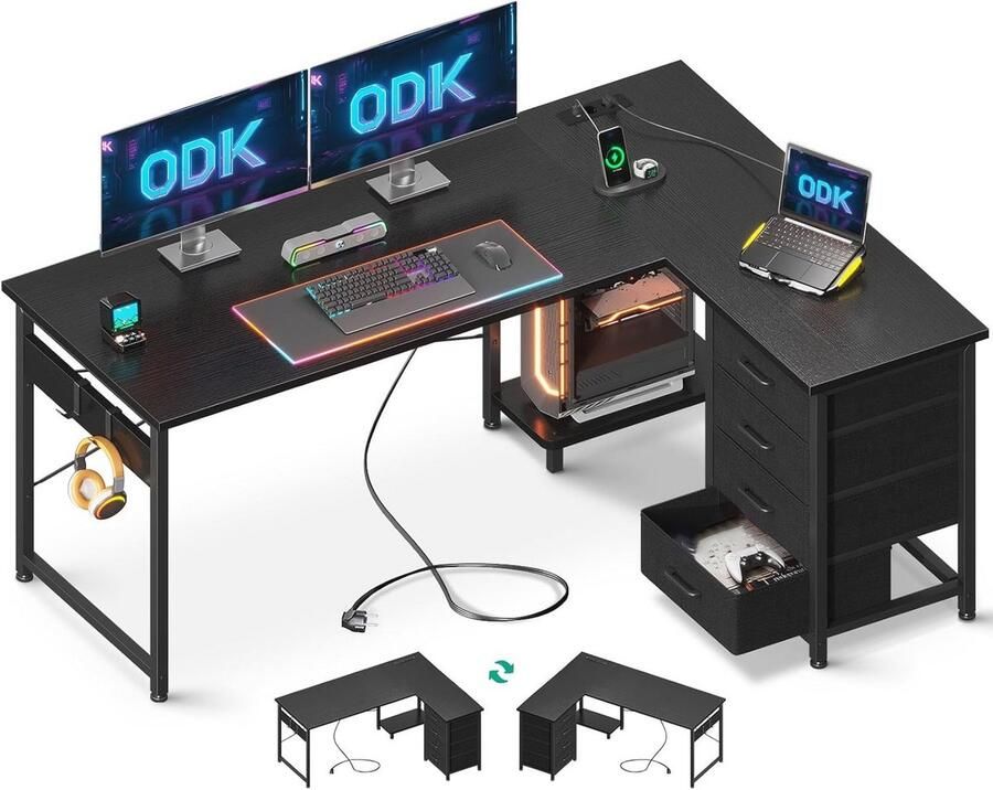 L-vormig bureau met opbergladen en USB-oplaadpoort voor thuis en gaming