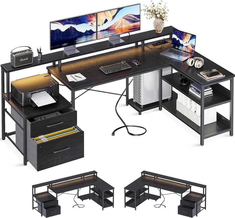 L-vormig Bureau met Stopcontacten en USB-oplaadpoorten Omkeerbaar Gamingbureau met LED Hoekbureau Zwart met Archief en Opbergplanken 1725 x 100 cm