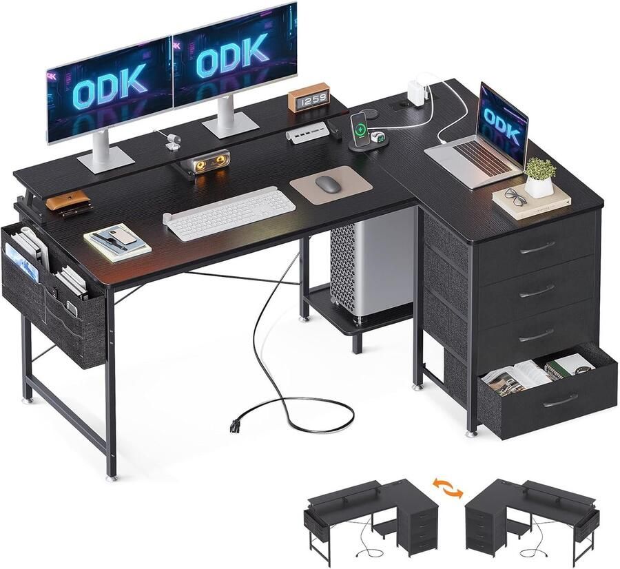 L-vormig bureau met USB-laadaansluiting en stopcontact Hoekbureau met 4 laden en monitorplank voor thuiswerkplek