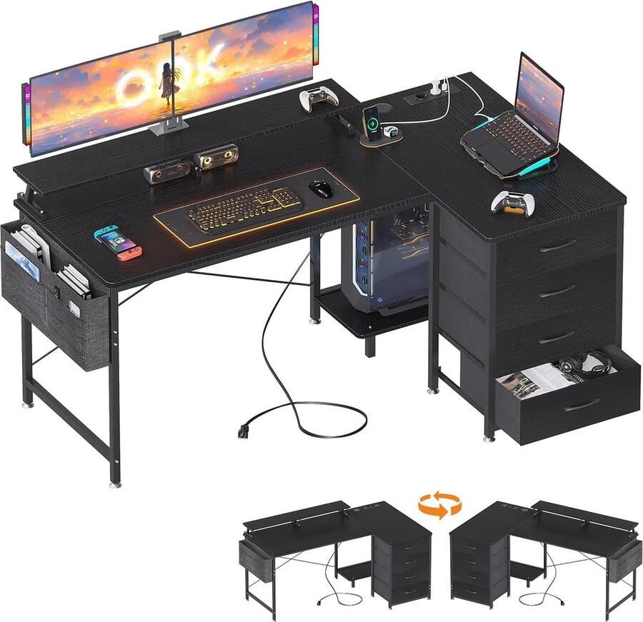 L-vormig bureau met USB-laadaansluiting hoekbureau zwart 140 x 80 x 84.7 cm