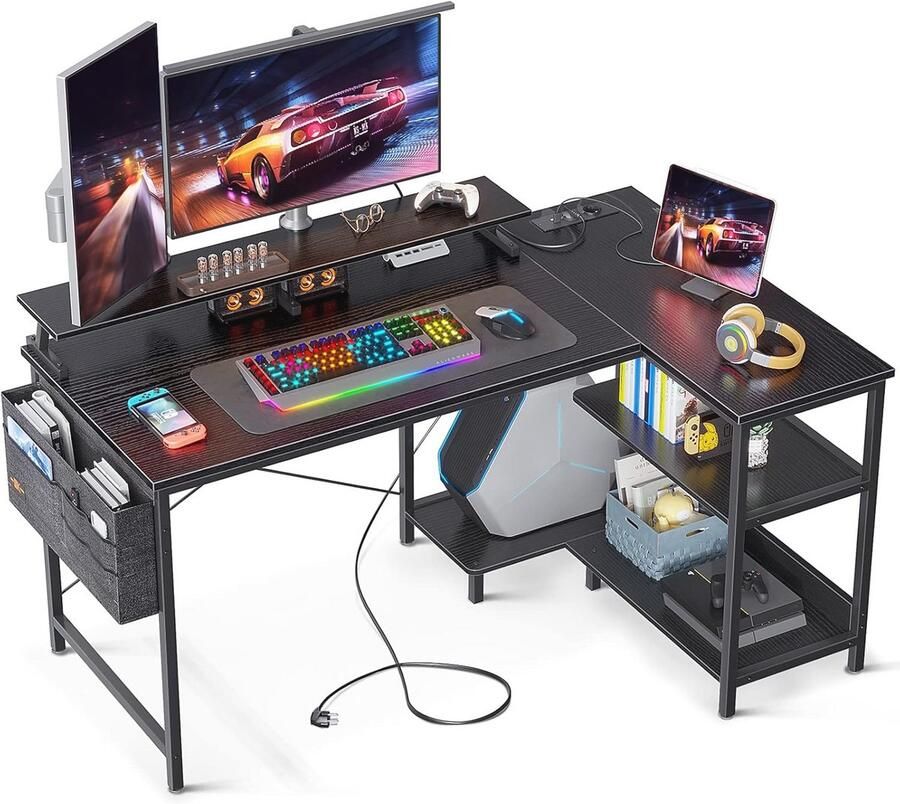 L Vormig Bureau met USB-Laadpoort en Stopcontact Multifunctioneel Gaming Bureau met Monitorstandaard Hoekbureau (Zwart 120x80cm)