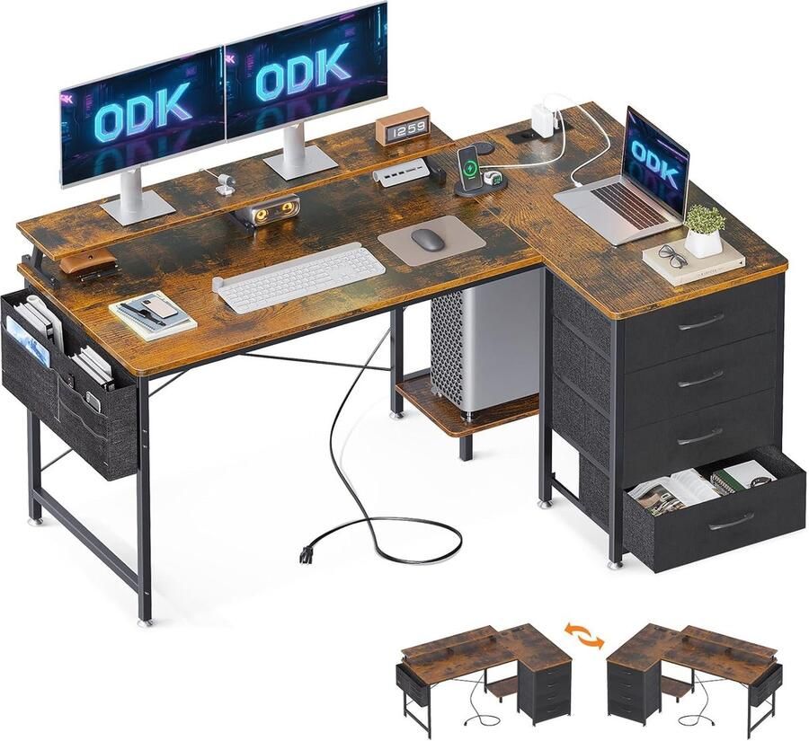 L-vormig Bureau met USB-oplaadpoorten praktisch en stijlvol 1 stuk bruin 140 x 80 x 84 7 cm