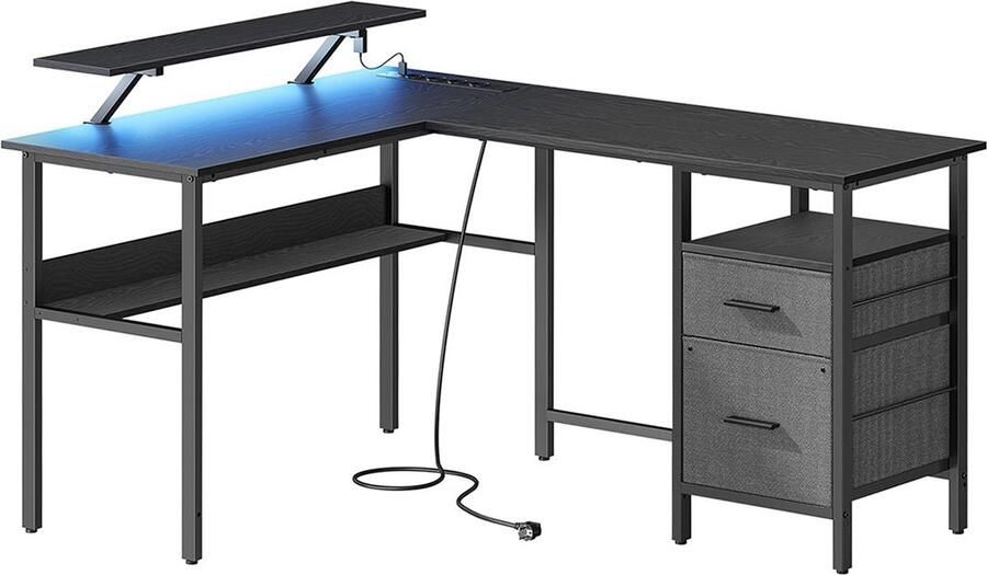 L-vormig Bureau Werkstation Hoekbureau Ebbenhout Zwart Inbouwstopcontacten 120cm x 140cm x 75cm
