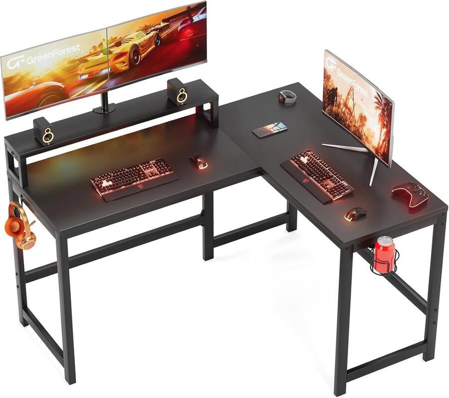 L-vormig Computerbureau met Beker en Haak voor Hoofdtelefoon 128 cm Werkstation met Omkeerbare Monitorstandaard voor Kleine Ruimtes