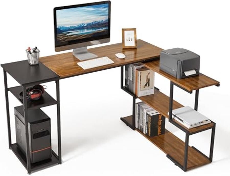 L-vormig Computerbureau met Draaibare Planken en Verstelbare Opbergplanken voor Thuiskantoor