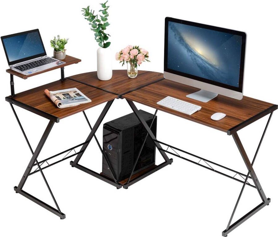 L-vormig computerbureau van hout hoekbureau met monitorstandaard en opbergvak ruimtebesparend bureau voor kantoor werkkamer slaapkamer 147 x 112 x 79 cm (bruin)
