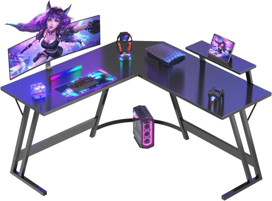 Sierra Gaming-hoekbureau 130 x 130 cm computerbureau pc hoektafel L-vorm met schermstandaard tafel voor studie spelen en werken (zwart A 130 x 130 cm)