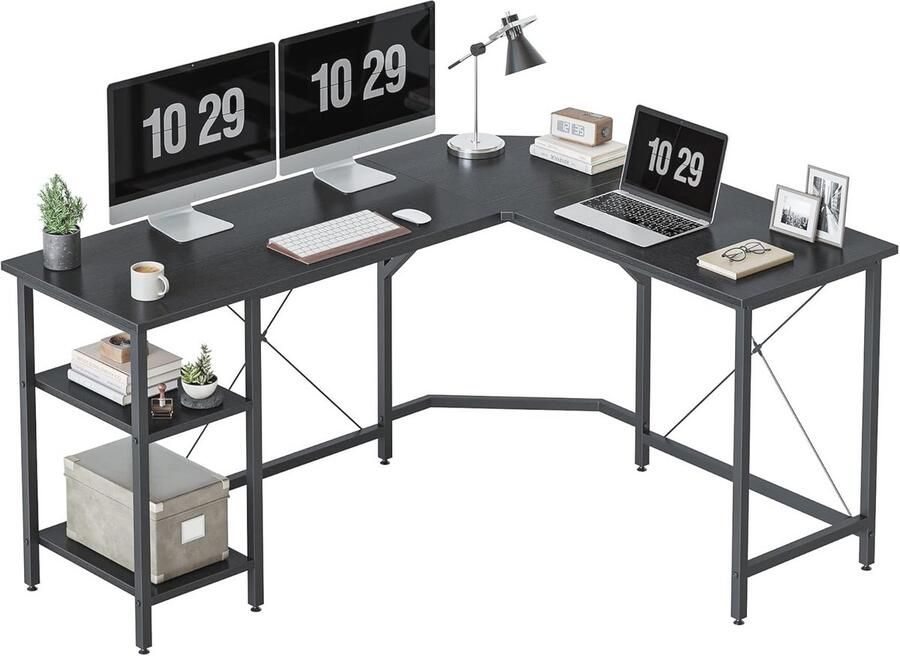 L-vormig gaming bureau met planken 150x120 cm zwart hoekbureau voor thuiskantoor