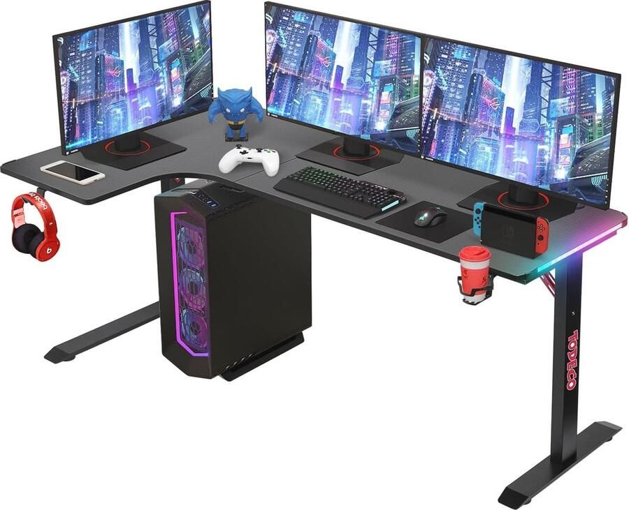 L-vormig Gaming Bureau met RGB Verlichting en Accessoires Ruim en Ergonomisch Ontwerp