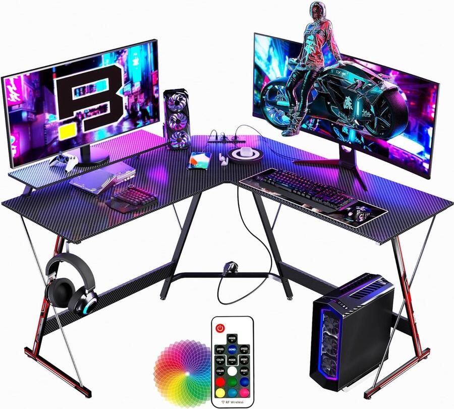 L-vormig Gamingbureau LED Stekkerdoos 128x128 cm Ergonomische Hoek Gamer Computertafel LED Strip Grote PC Monitorstandaard Hoofdtelefoonhaak voor Studie Speel Werk Slaapkamer Thuis Kantoor