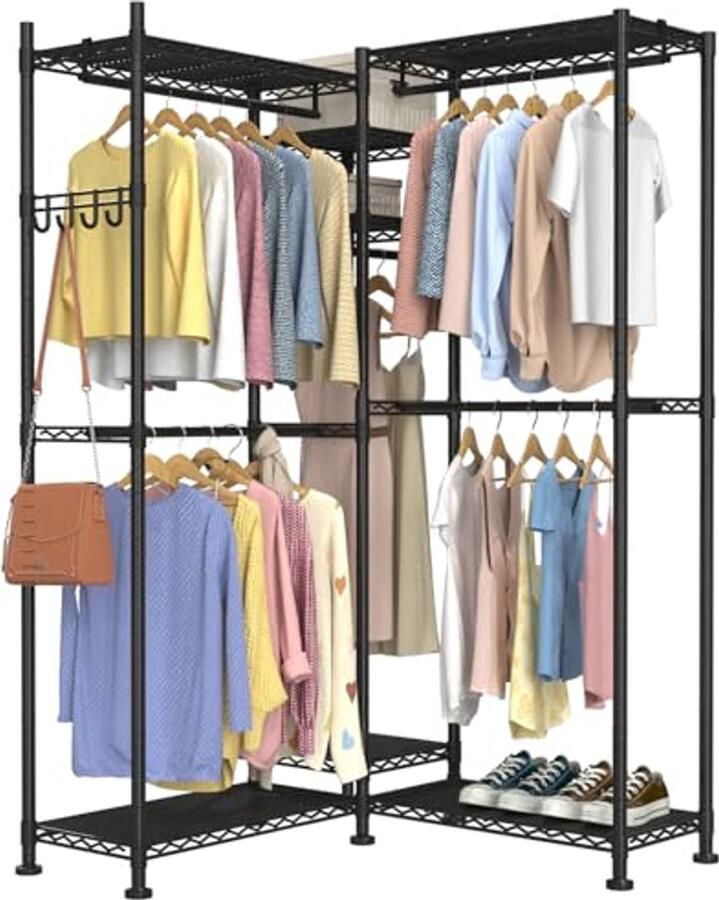 L-Vormig Heavy Duty Kledingrek voor Hoek Vrijstaand Metalen Kledingrek met 5 Hangstangen en 7 Planken Verstelbare Kledingkast 177 x 34 cm B x 195 cm H Zwart