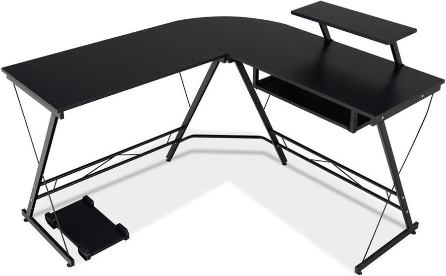 “L-Vormig Hoekbureau – 126 5 x 130 x 94 cm Met CPU-Opbergvak Monitorplank en Uitschuifbaar Toetsenbordblad”