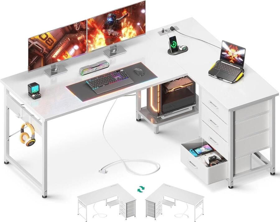 Hoekbureau wit L-vorm met 4 laden stopcontacten USB-oplaadpoort omkeerbare computertafel voor thuiskantoor gaming-bureau 135 x 100 cm Hoekbureau