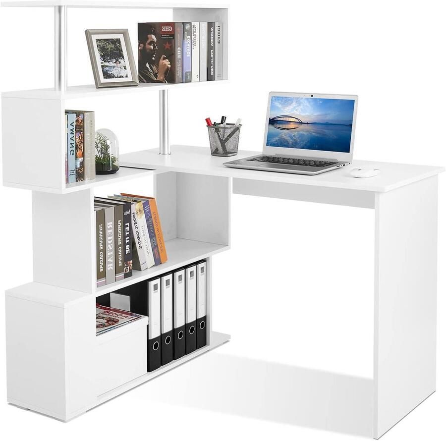 L-vormig hoekbureau met draaibare boekenkast multifunctioneel 1 stuk wit 157 x 45 x 130 5 cm