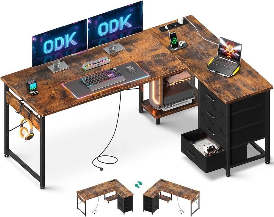 L-vormig Hoekbureau met Lades Stopcontacten en USB-Poorten voor Thuiskantoor Vintage Bruin 155x110 cm