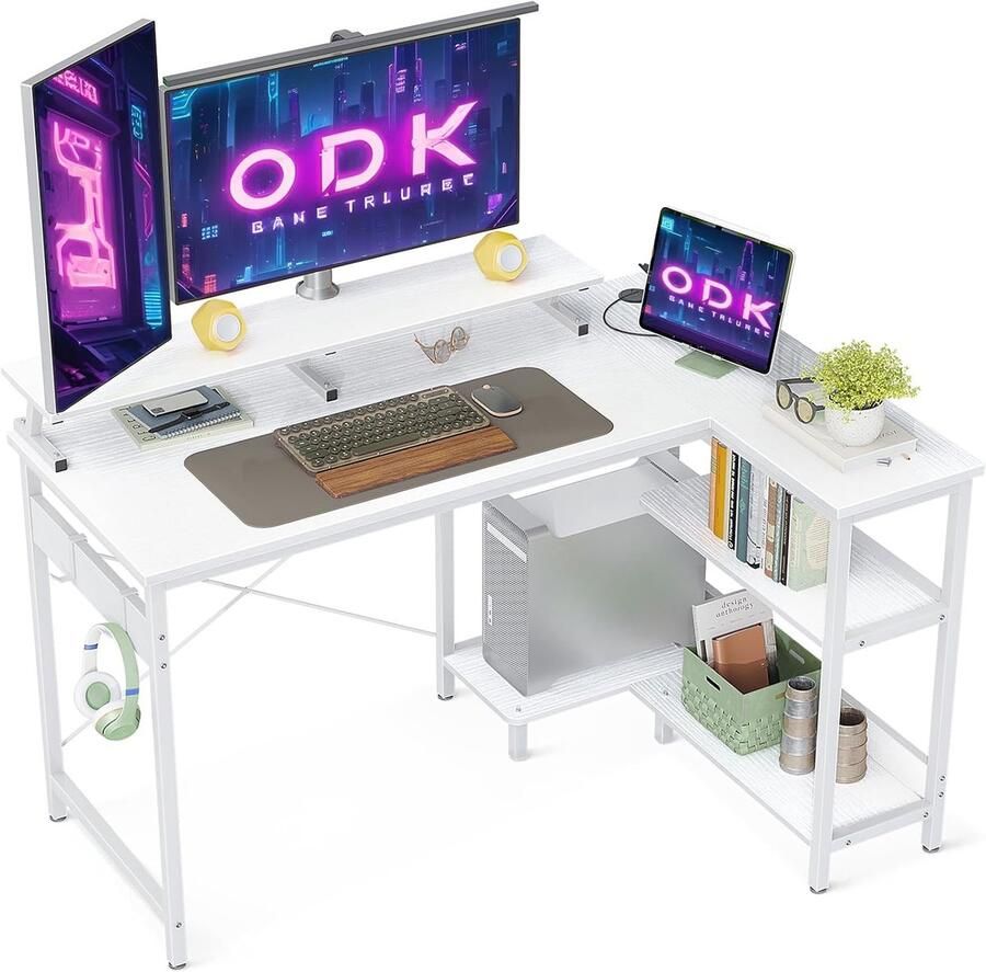 L-vormig Hoekbureau met Monitorstandaard en Opbergruimte Ergonomisch Desk voor Gaming en Thuiswerk