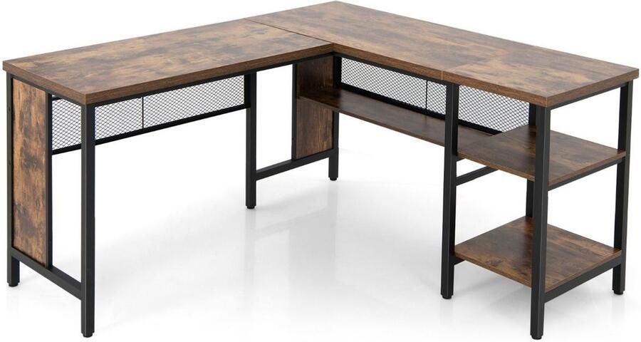 “L-vormig Hoekbureau – Met Ruim Tafelblad en 3 Ruimtebesparende Planken Rustiek Bruin”