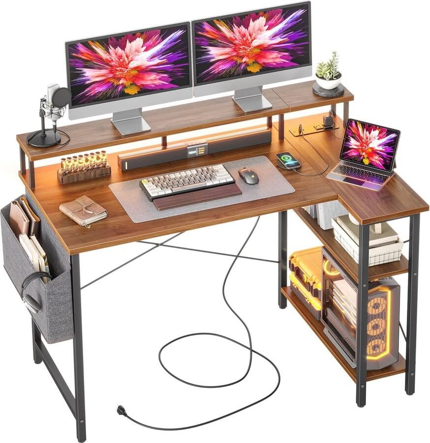 L-vormig Hoekbureau met Stopcontacten en LED Strip 120x80 cm Modern Computerbureau voor Thuis en Kantoor