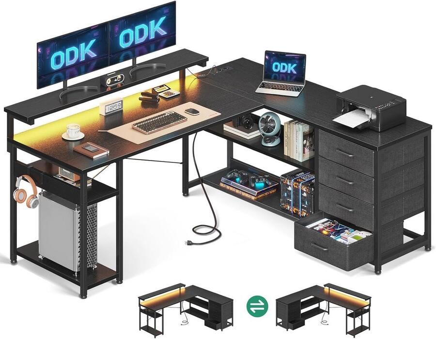 L-vormig hoekbureau met stopcontacten en USB-oplaadpoorten voor thuiskantoor 135 x 110 cm Zwart