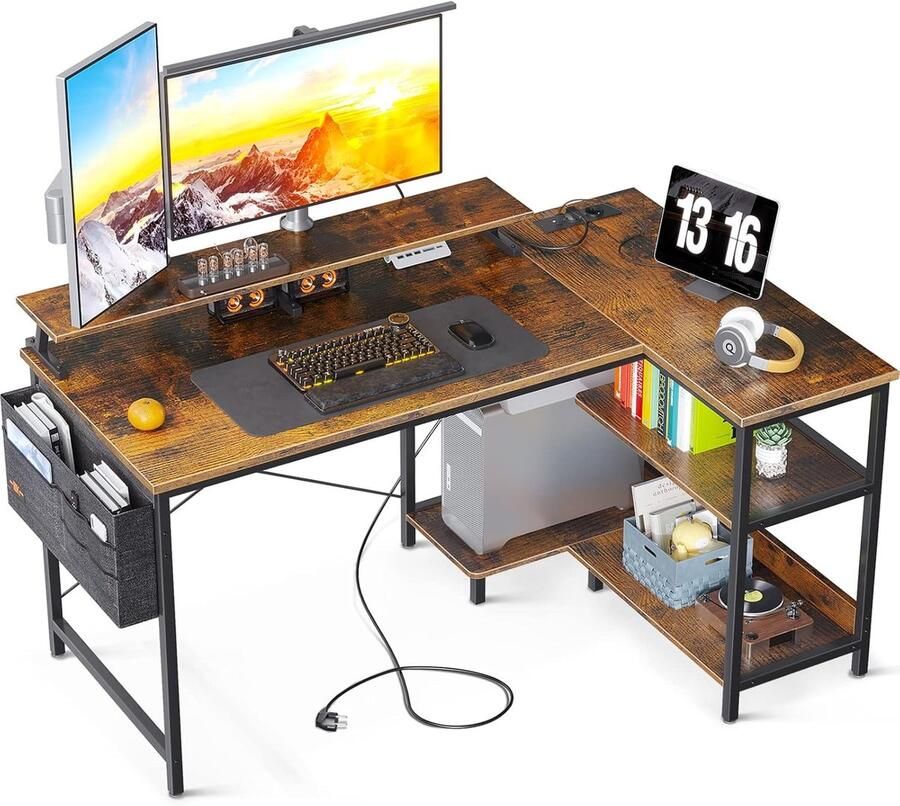 L-vormig Hoekbureau met USB-oplaadpoort en Stopcontact Gaming- en Computertafel voor Kantoor of Thuis