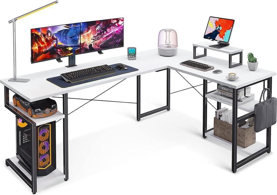 L-vormig hoekbureau wit 168 x 120 cm met opbergruimte en haken ideaal voor thuiskantoor en gaming