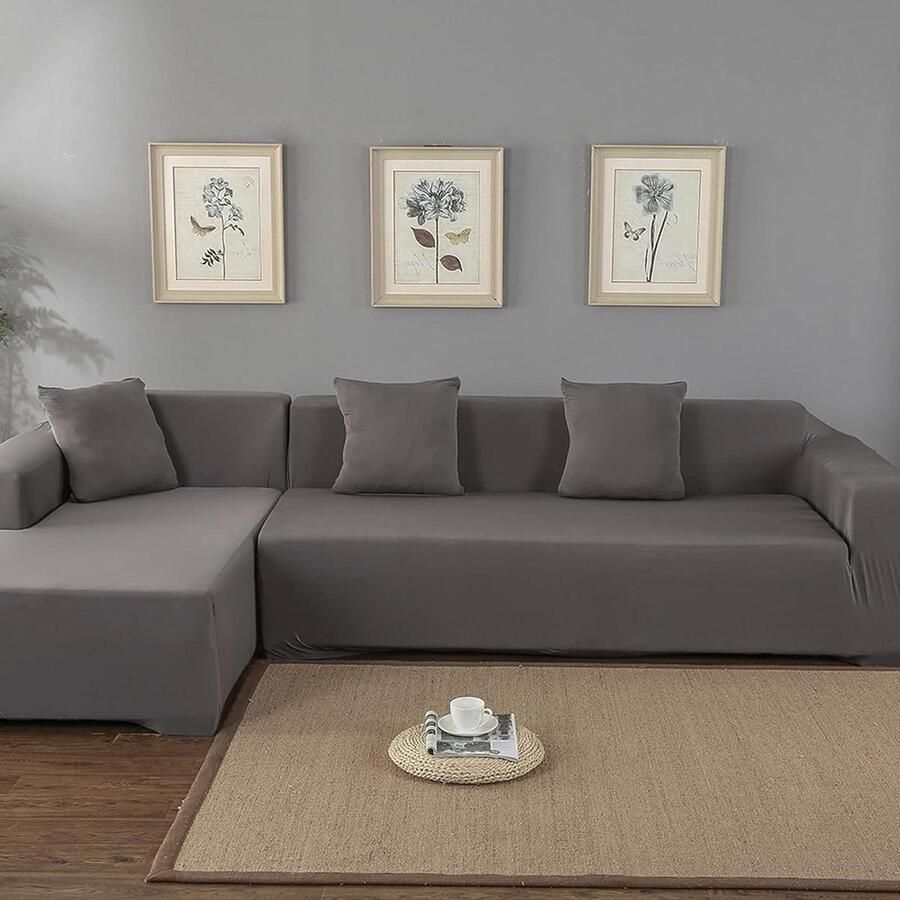 L-vormige Polyester Bankhoes voor Hoekbank Grijs Universeel Woonkamer Slaapkamer