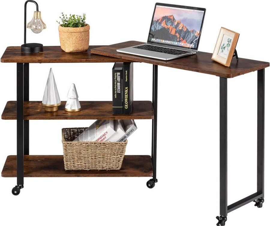 L-vormige bijzettafel met wieltjes banktafel met 2 planken pc-tafel multifunctionele laptoptafel computertafel snacktafel voor thuis 360 graden draaibaar industrieel design