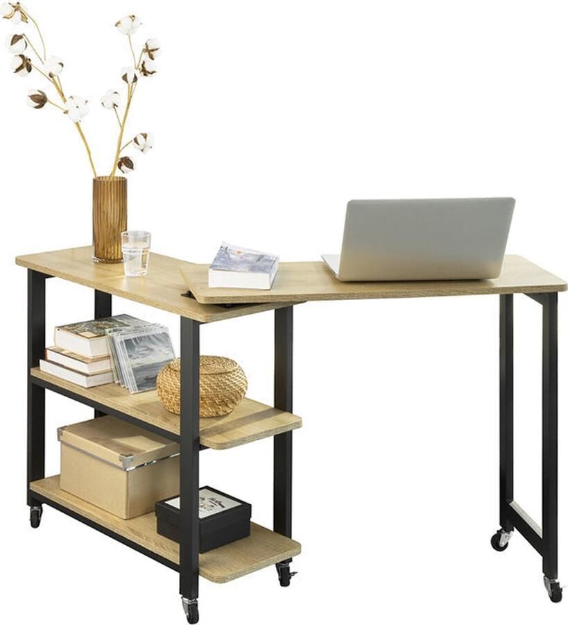 Rootz Living Rootz L-vormige bijzettafel salontafel hoekbureau industrieel ontwerp flexibel en mobiel met afsluitbare wielen hoogwaardig metalen frame robuust en duurzaam 133 cm x 69 cm x 30 cm