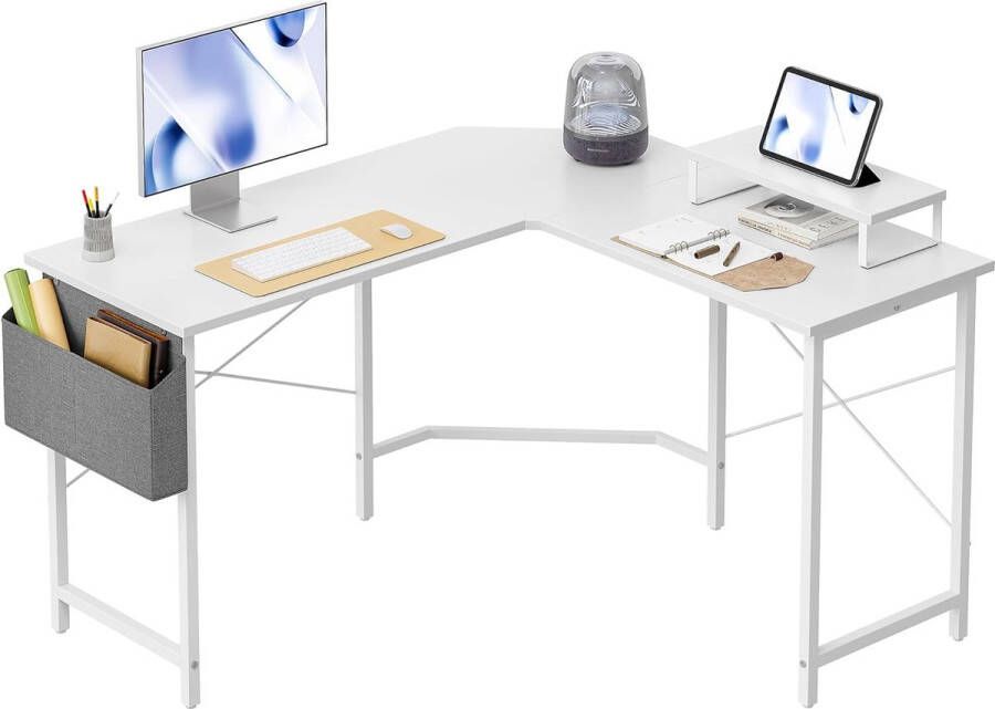 L-vormige computertafel 150 x 120 cm pc-tafel stabiel bureau voor gaming hoekbureau met monitorstandaard en opbergtas hoektafel groot bureau wit wit