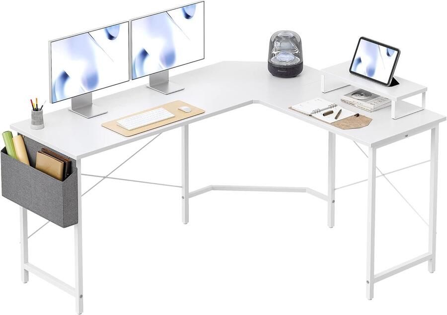 L-vormige computertafel 150 x 120 cm pc-tafel stabiel bureau voor gaming hoekbureau met monitorstandaard en opbergtas hoektafel groot bureau wit wit