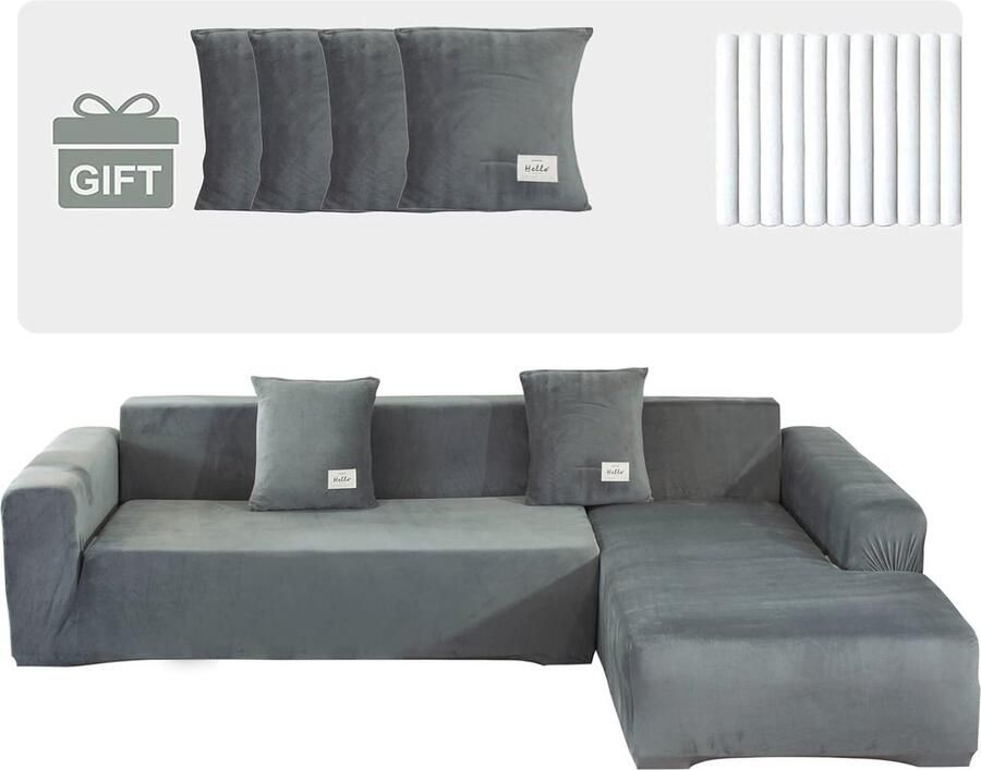 L-vormige fluwelen bankhoezen voor 3-zits en 3-zits banken hoge rekbaarheid & antislip inclusief kussenslopen