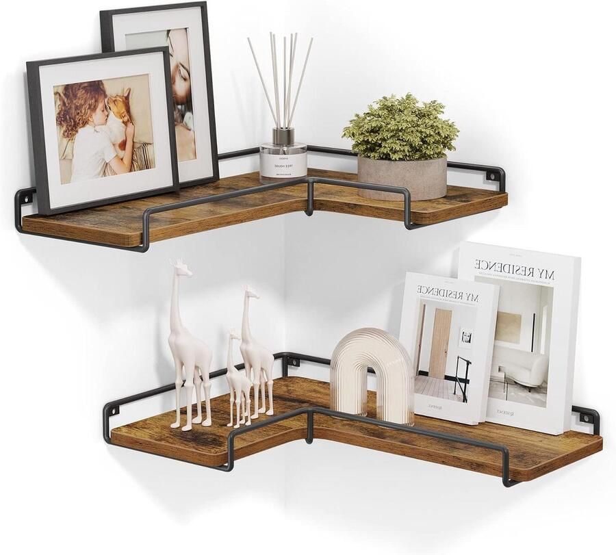 L-vormige hoekplank set van 2 wandplank industrieel ontwerp voor aan de muur voor woonkamer slaapkamer keuken vintage bruin-zwart LLS831B01