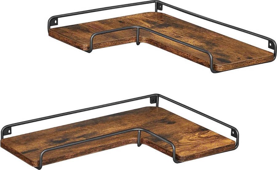 L-vormige hoekplank Set van 2 wandplanken Industrieel ontwerp Wandplanken voor woonkamer Slaapkamer Keuken Vintage bruin-zwart LLS831B01