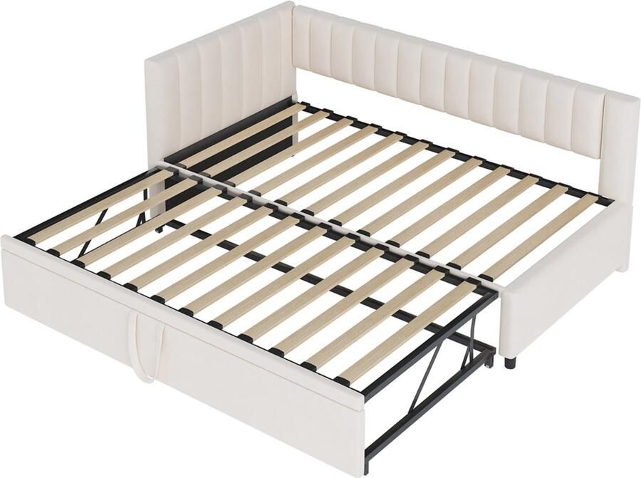 L-vormige multifunctionele gestoffeerde bedbank slaapbank 90 180x200cm zonder matras met uitschuifbaar bed klassiek strak model met verticale strepen ruimtebesparend Beige