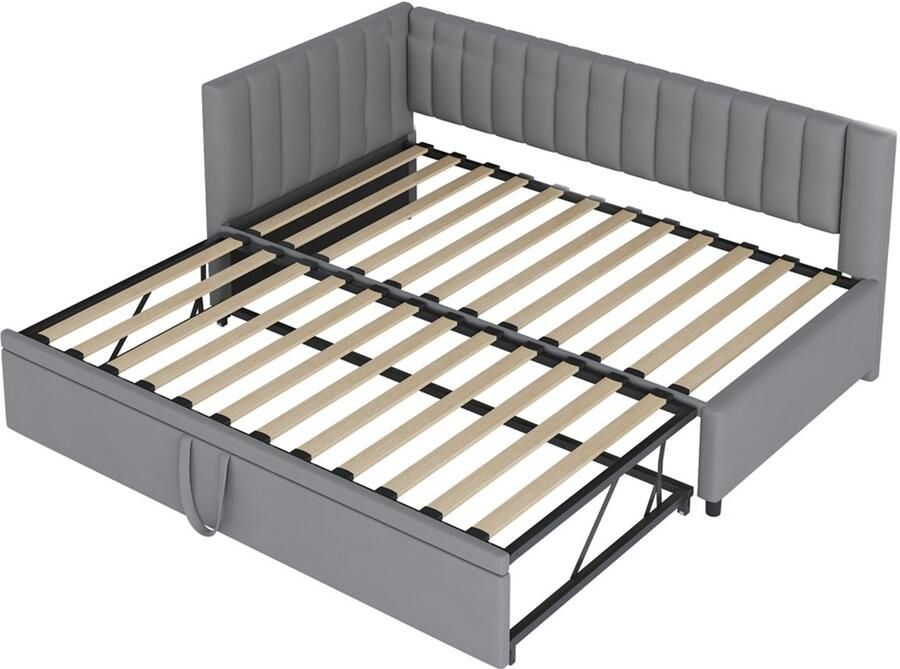 L-vormige multifunctionele gestoffeerde bedbank slaapbank 90 180x200cm zonder matras met uitschuifbaar bed klassiek strak model met verticale strepen ruimtebesparend lichtgrijs