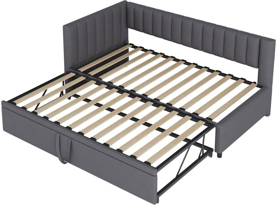 L-vormige multifunctionele gestoffeerde bedbank slaapbank 90 180x200cm zonder matras met uitschuifbaar bed klassiek strak model met verticale strepen ruimtebesparend Donkergrijs