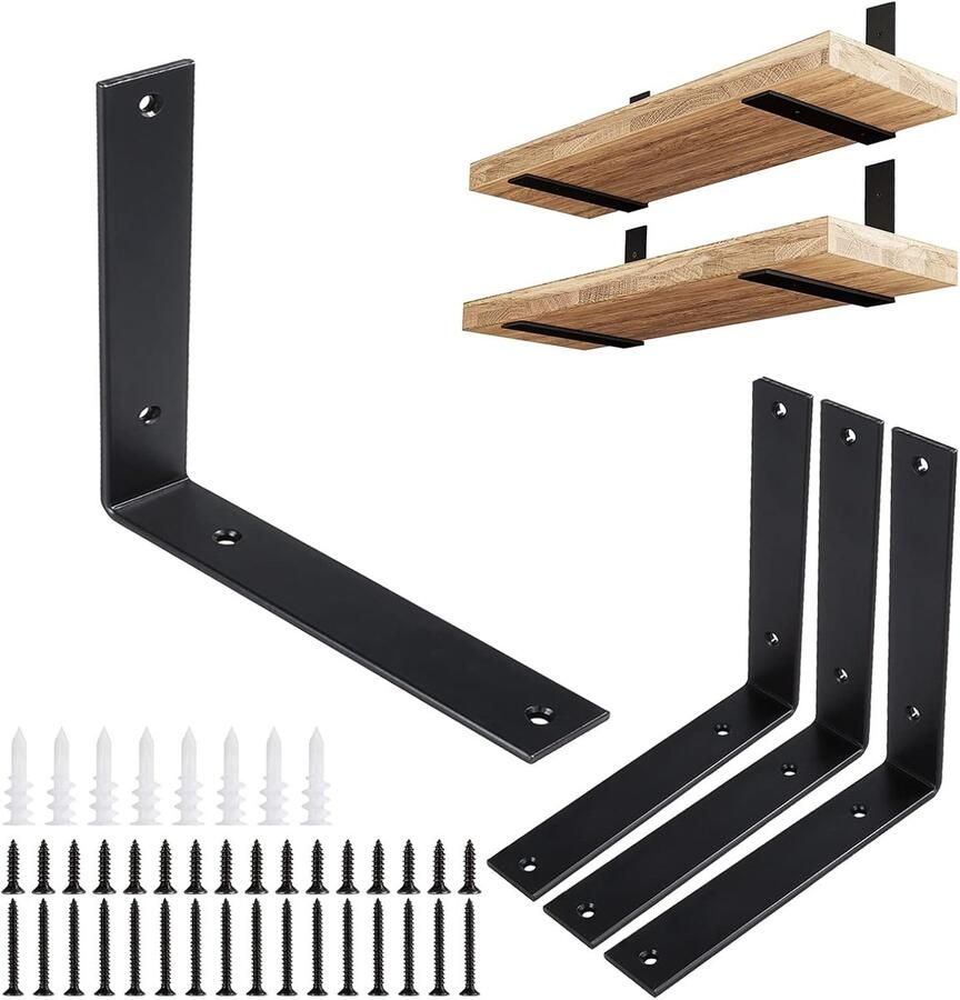 L-vormige plankhouders zwart metaal 4 stuks 20 x 20 x 3 8 cm