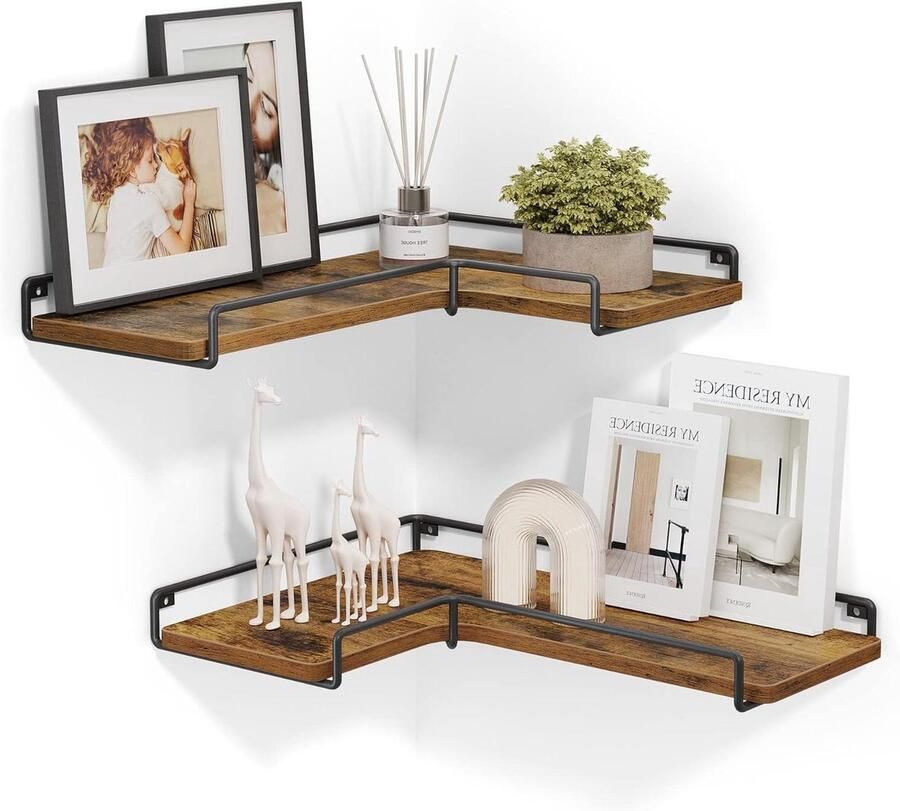 L-vormige wandplank set industrieel ontwerp 2 stuks vintage bruin-zwart