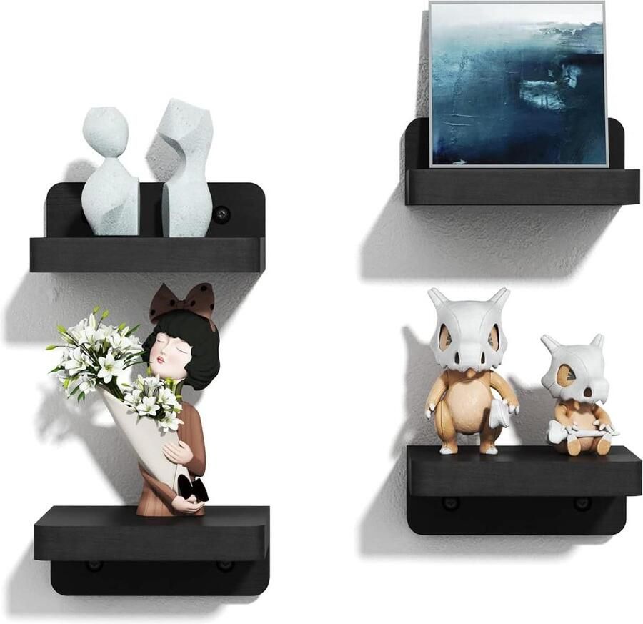 L-vormige witte kleine wandplanken set 4 stuks zwart Wandrek