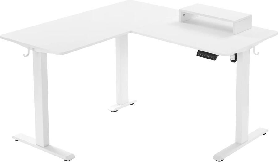 Corenia L-vormige Zit-Sta Bureau Computerbureau Werktafel Kantoor Tafel 4 Geheugenstanden Hoekbureau Verstelbaar Hoogte 72-120 cm Elektrisch Monitorstandaard en Hoofdtelefoonhaken Wit